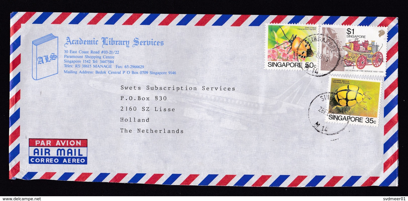 Singapore: Air Cover To Netherlands, 1989, 3 Stamps, Insect, Shield Bug, Ladybird Beetle, Fire Brigade (traces Of Use) - Singapore (1959-...)