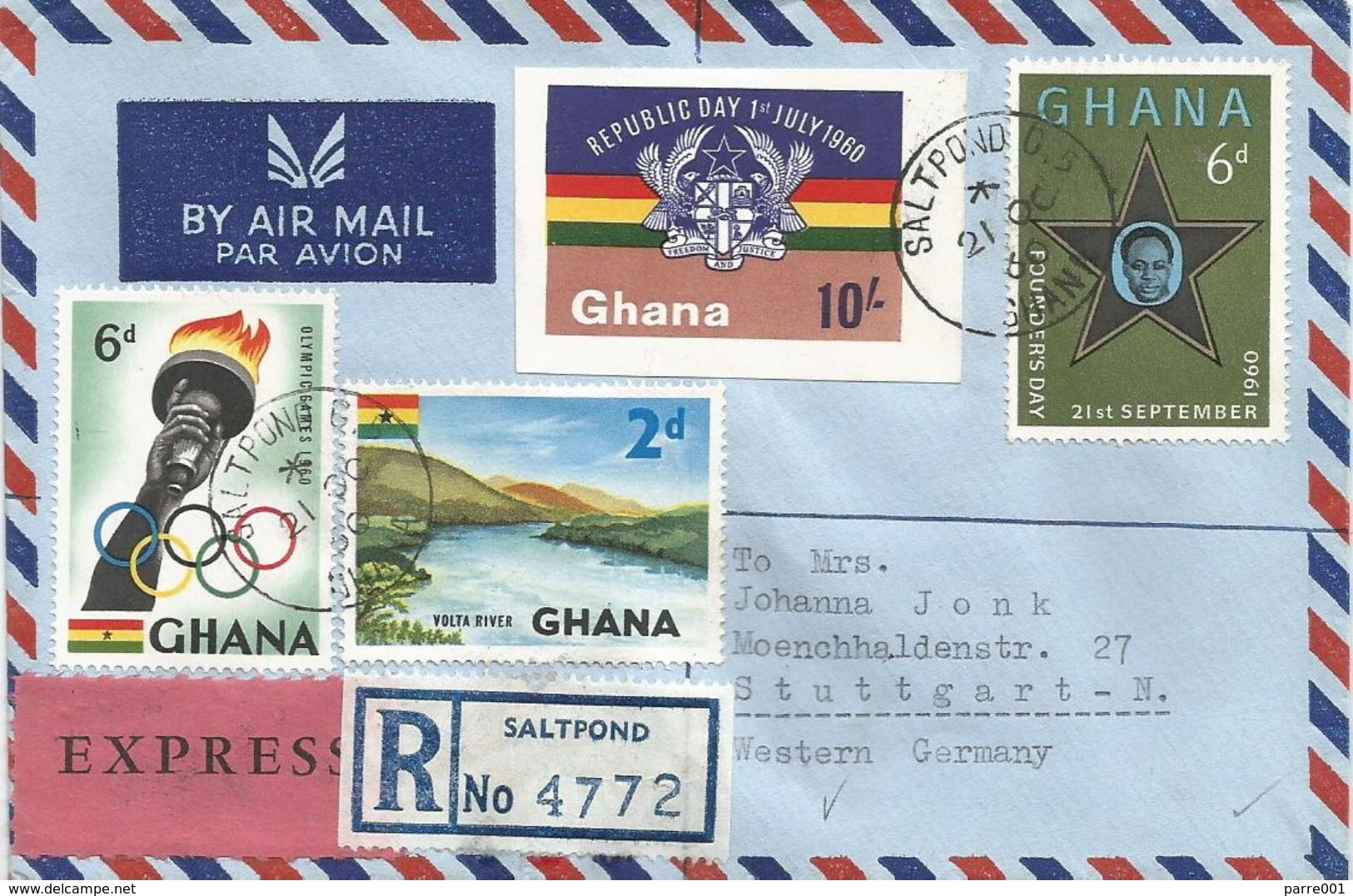 Ghana 1960 Saltpond Kwame Nkrumah Armory Eagle Unperforated Torch Registered Express Cover With Registration Slip - Ghana (1957-...)