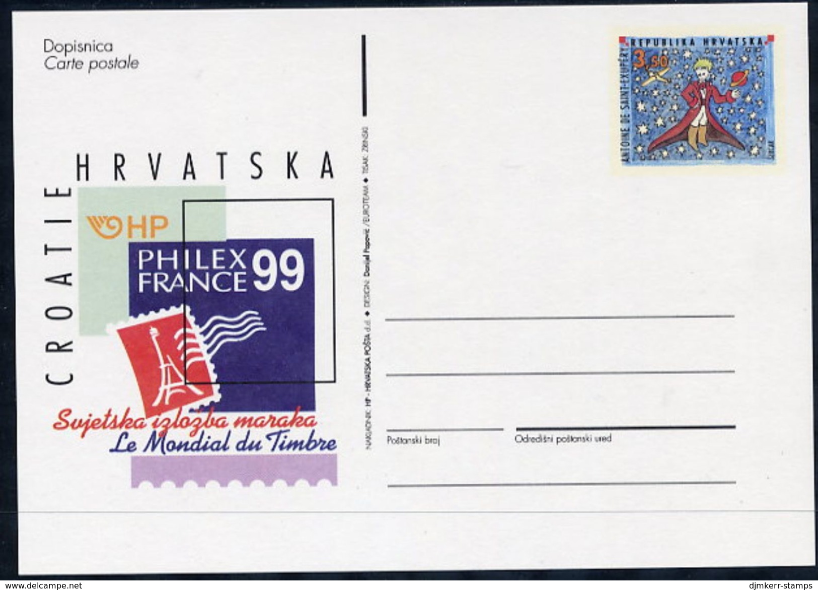 CROATIA  1999 Postal Stationery Card 3.50 K. PHILEXFRANCE 99 Exhibition Unused.  Michel P12 - Croatia