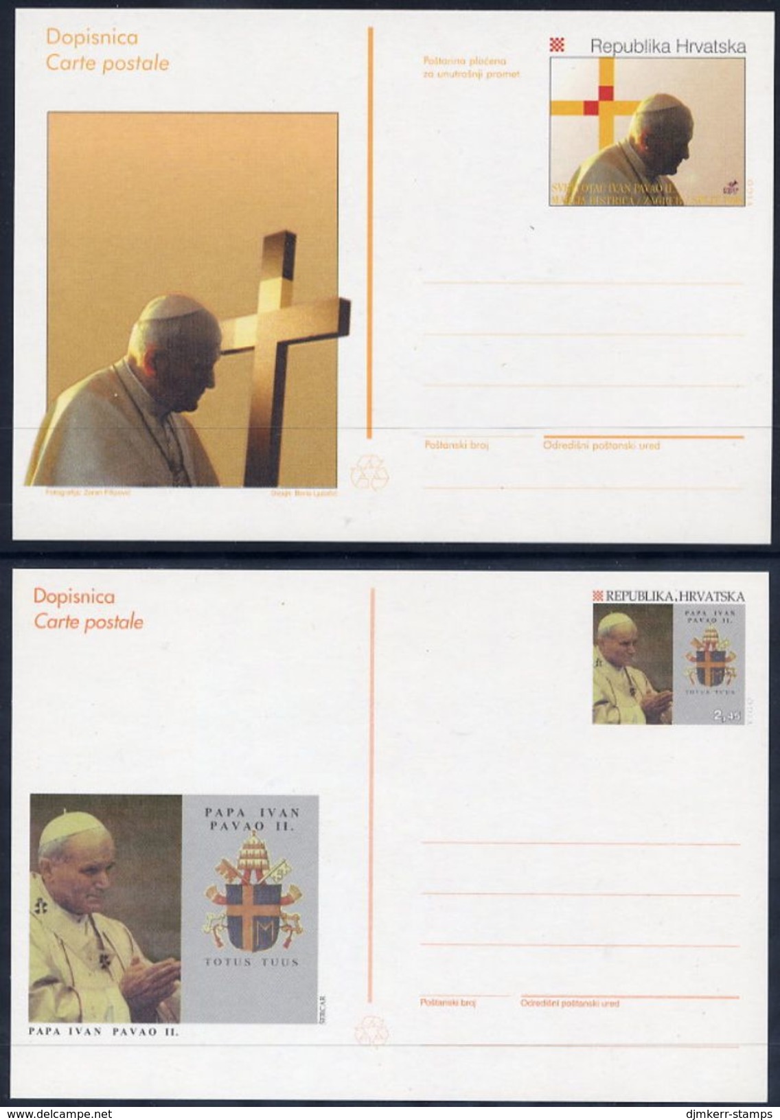 CROATIA  1998  Postal Stationery Cards 1.20k, 2.45 K. Papal Visit Unused.  Michel P8-9 - Croatia