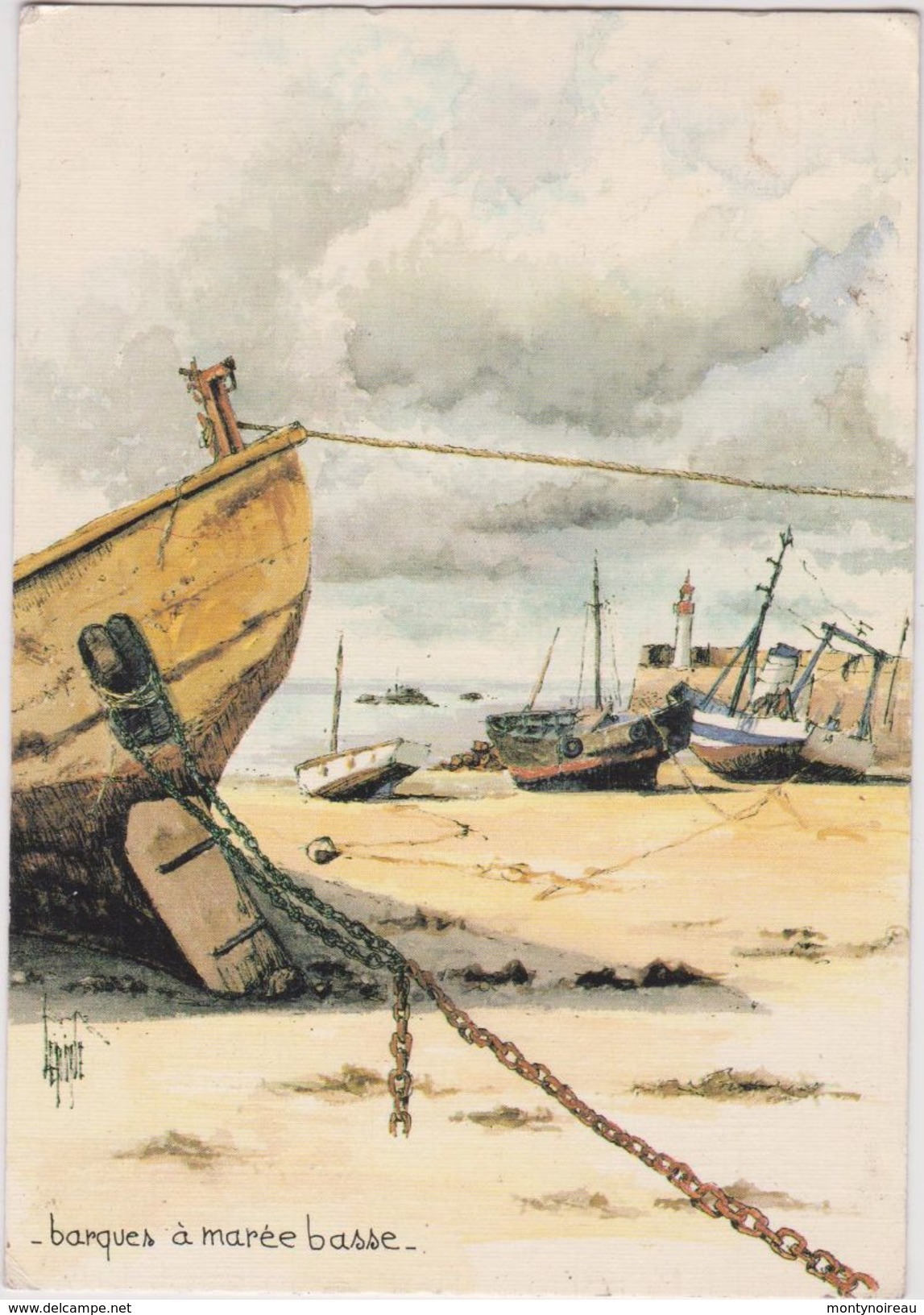 Peinture   Aquarelle De   Robert  Lepine  1984 , Posté A Riec S/ Belon : Barques A Marée  Basse - Peintures & Tableaux