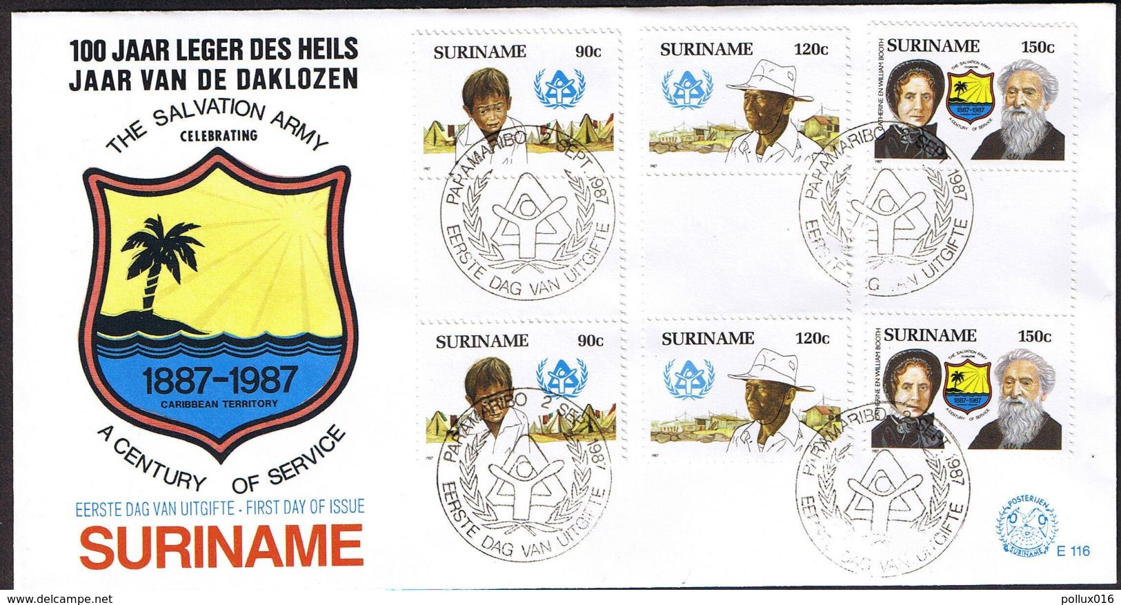 Surinam / Suriname 1987 FDC 116BP Gutterpair Leger Des Heils Salvation Army Heilsarmee - Suriname