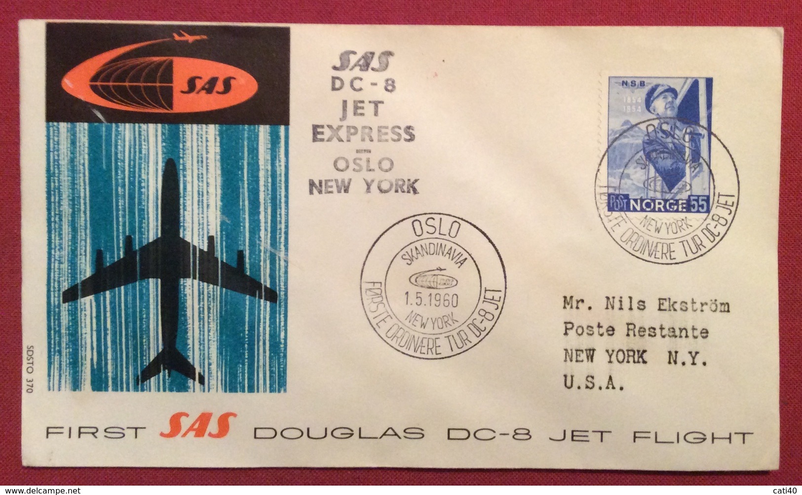 POSTA AERA AEROGRAMMA SAS DOUGLAS DC-8 JET FLIGHT OSLO  - NEW YORK IN DATA 1/5/1960 - Correo Postal