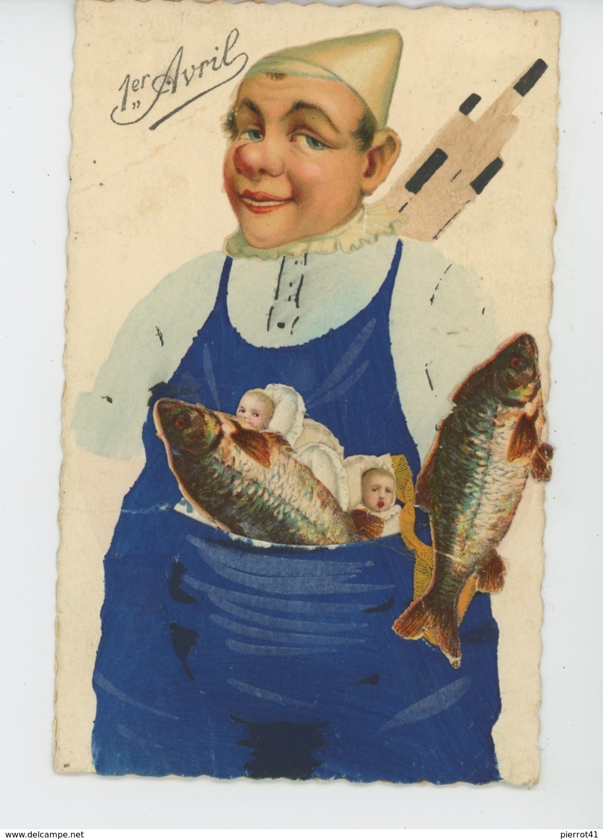 POISSON D'AVRIL - Jolie Carte Fantaisie Avec Ajoutis Homme Avec Bébés Et Poissons 1er Avril Dans Son Tablier - Erster April