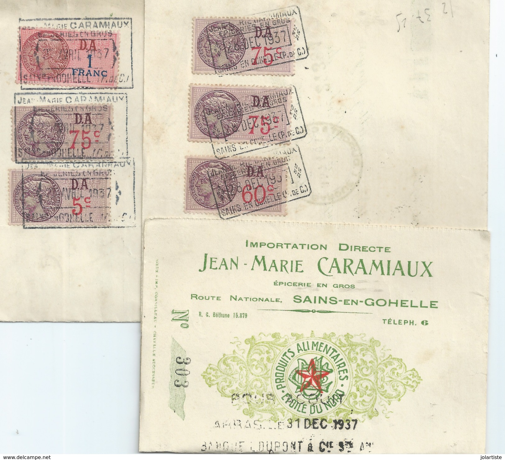 SAINS EN GOHELLE J.M.CARAMIAUX Lettre De Change 1937 Avec Timbres Fiscaux  D A Port  1euro - 1900 – 1949