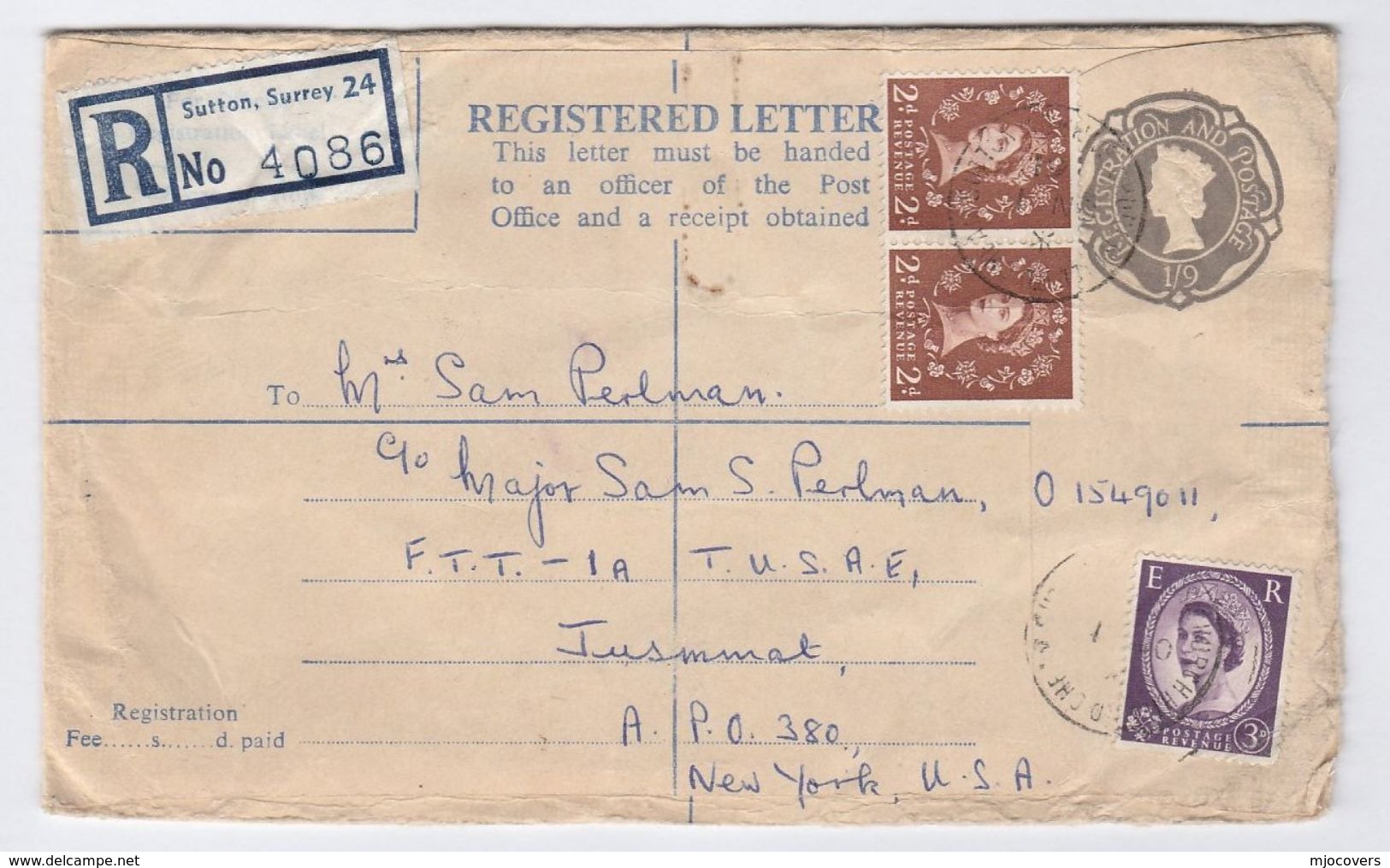 1961 GB REGISTERED Postal STATIONERY To US FORCES APO 380 NY USA, Via LONDON BAPO 15, Cds Sutton Cover Stamps - Stamped Stationery, Airletters & Aerogrammes