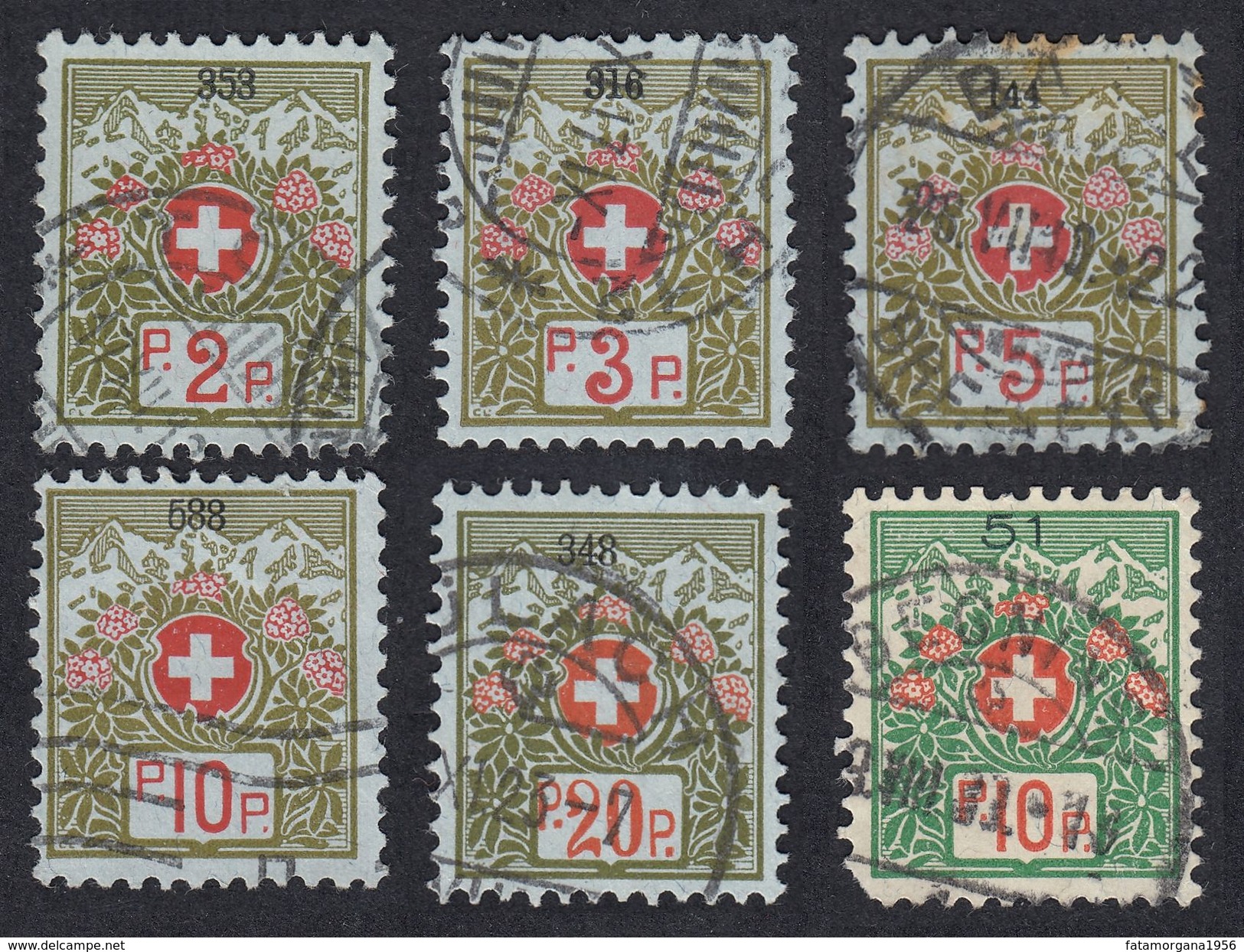 SVIZZERA - 1911/1921 - Lotto 6 Valori Usati Yvert Franchigia 2A, 3A, 4A, 5A, 7A E 5B (quest'ultimo, Di Seconda Scelta). - Franchigia