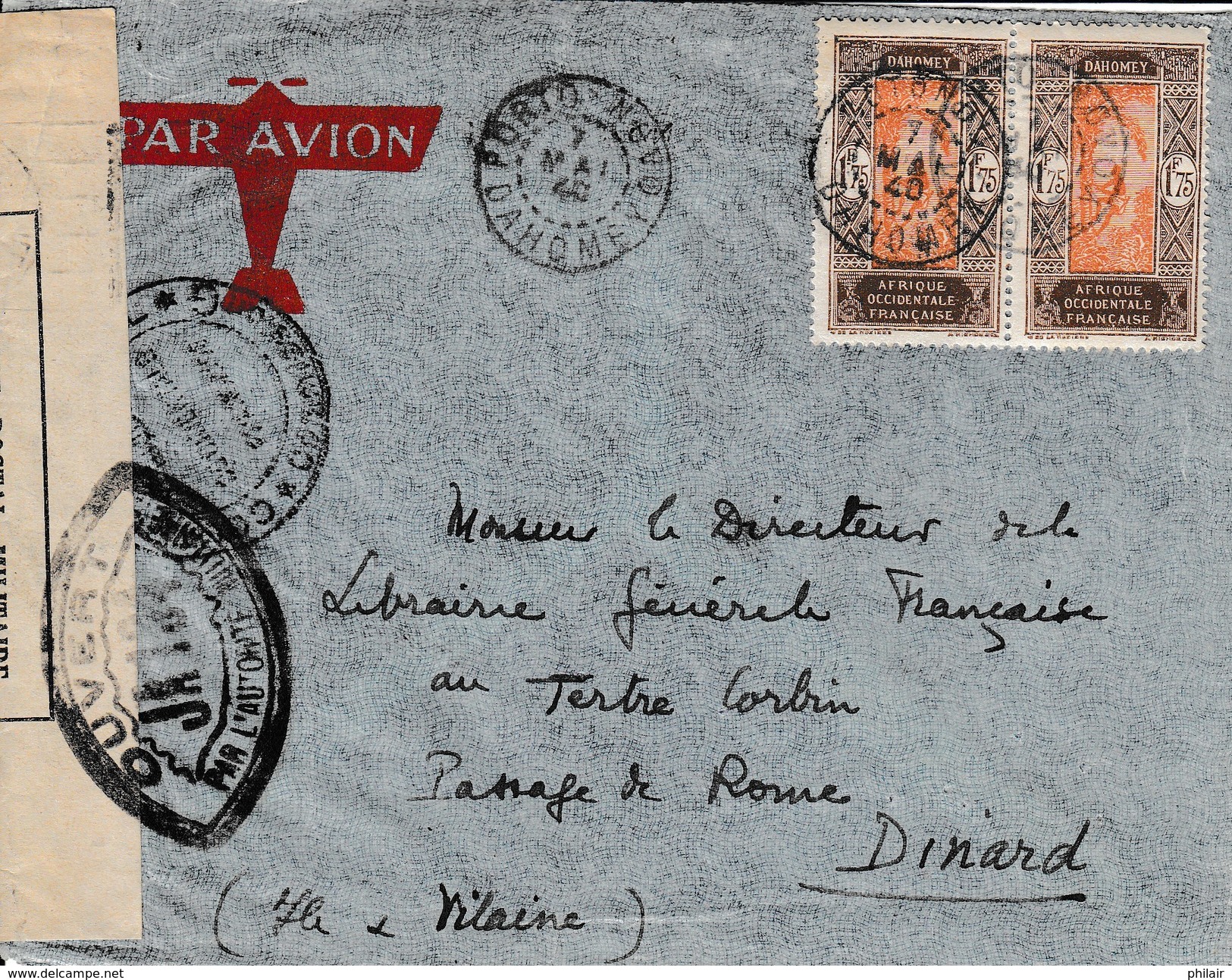 Porto Novo-Dinard Par Avion, Mai 1940, Censure - Lettres & Documents
