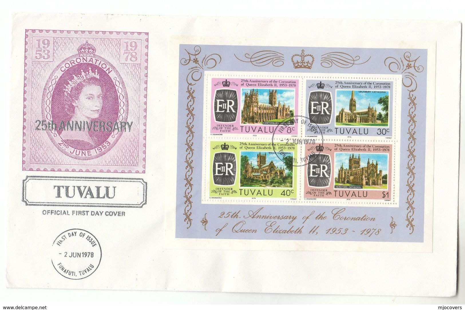 1978 TUVALU FDC Miniature Sheet ROYAL CORONATION Stamps Cover Royalty Cathedral Wells Hereford Salisbury Church Religion - Tuvalu