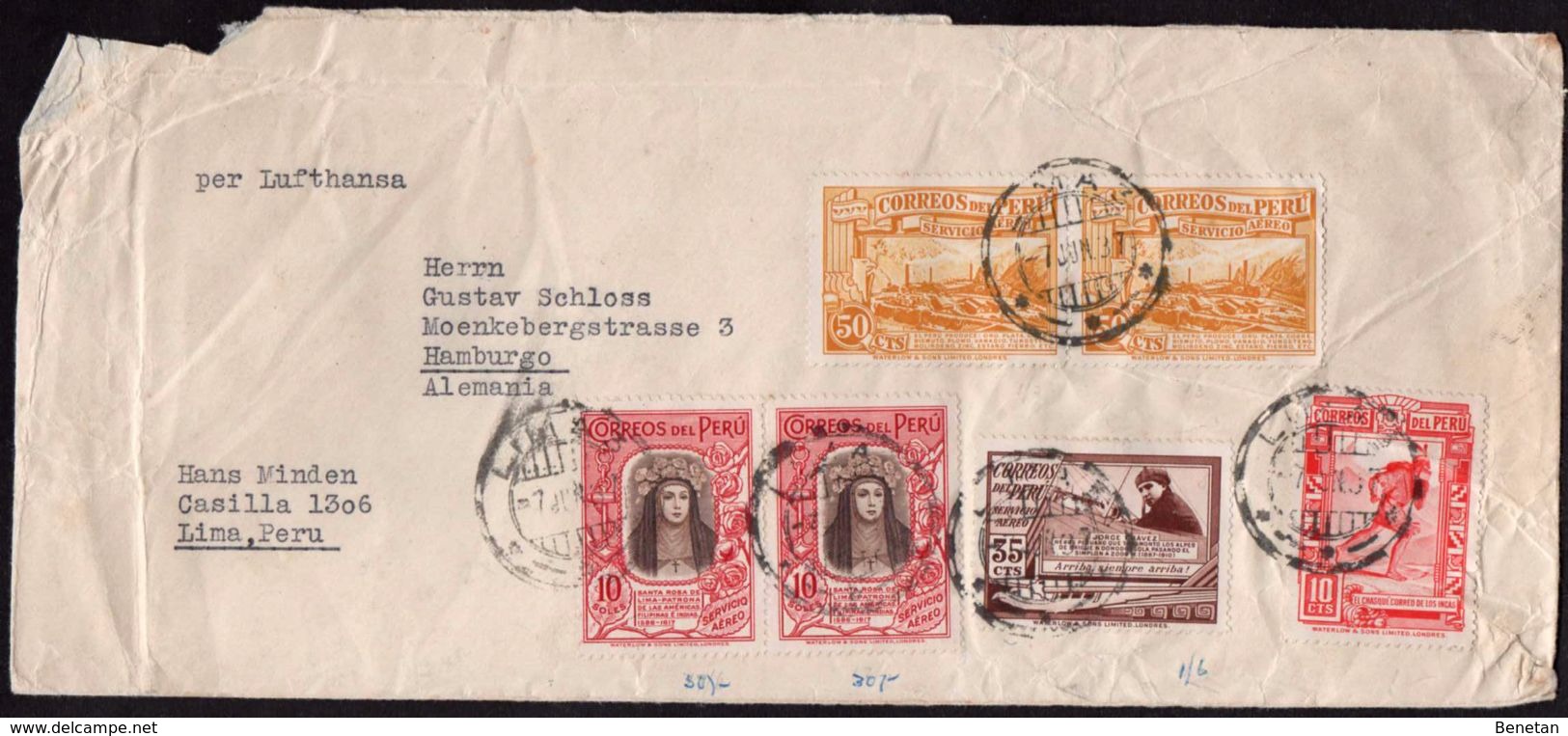 Peru To Germany Airmail Cover 1937 Lufthansa Flight Yv# A28x2 - Yv# A21x2 And More... - Perù