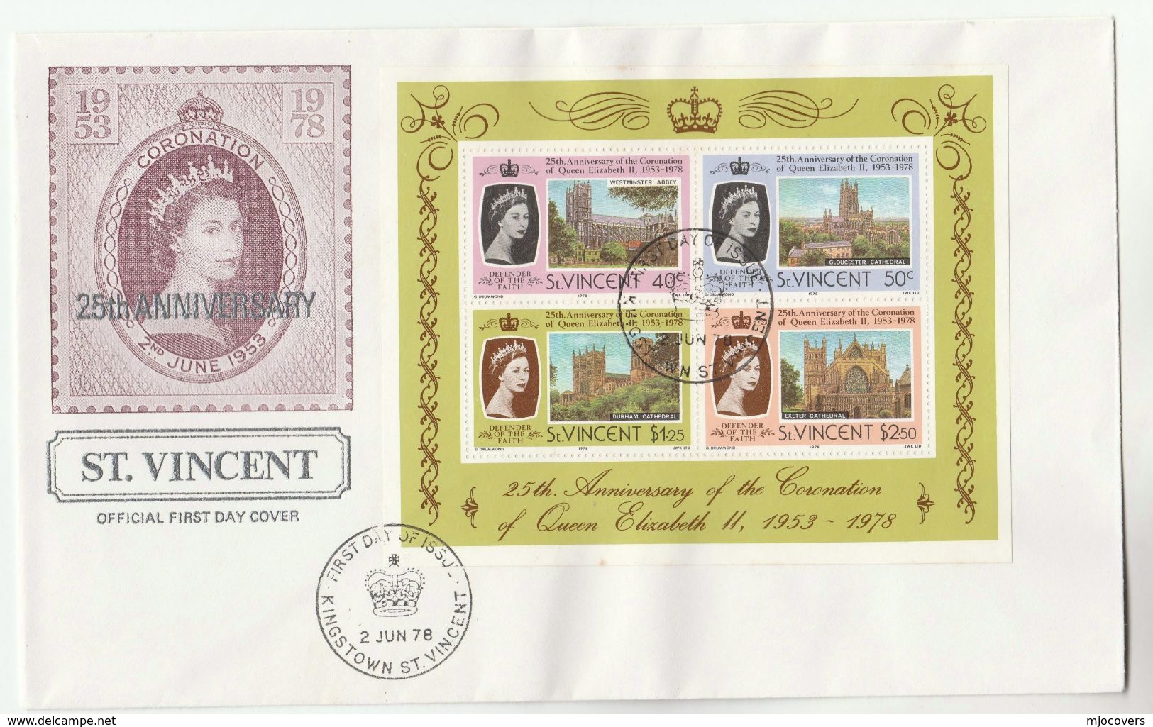 1978 ST VINCENT FDC Miniature Sheet ROYAL CORONATION Stamps Cover Cathedral Church Royalty Religion - St.Vincent (...-1979)