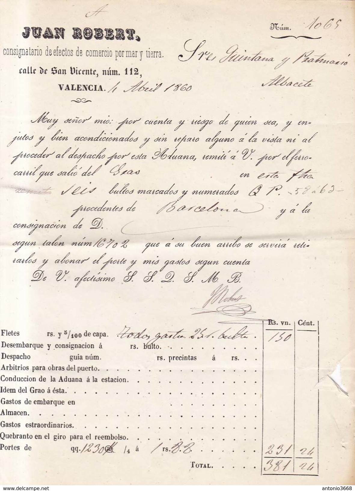 Año 1860 Edifil 52 4c  Sello Isabel II Carta Matasellos Rueda De Carreta 8 Valencia  A Albacete Membrete De Juan Robert - Lettres & Documents