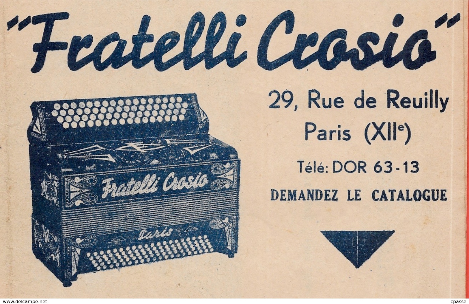 Partition Publicitaire Dont ACCORDEONS & BANDONEONS "Fratelli Crosio" 75012 PARIS * Musique Accordéon Pub Publicité - Autres & Non Classés