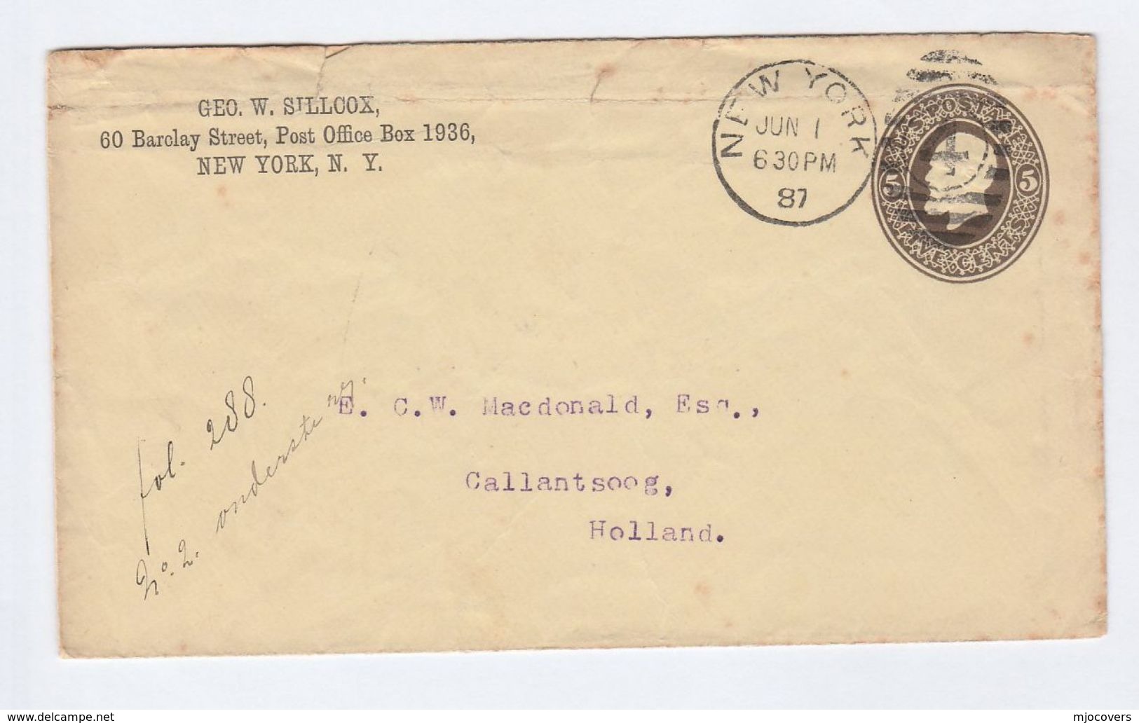 1887 USA NY To Callantsoog NETHERLANDS Postal STATIONERY COVER Stamps - ...-1900