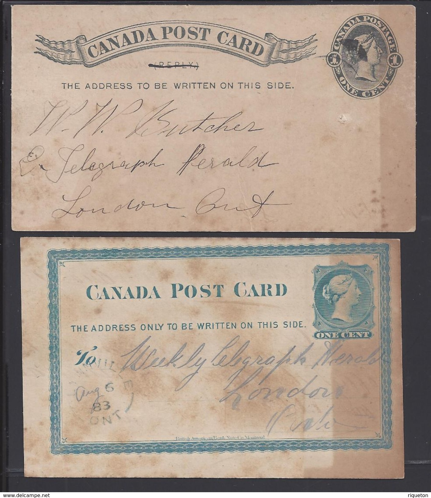 CANADA - Deux Entiers Postaux One Cent  Circulés - - 1860-1899 Règne De Victoria