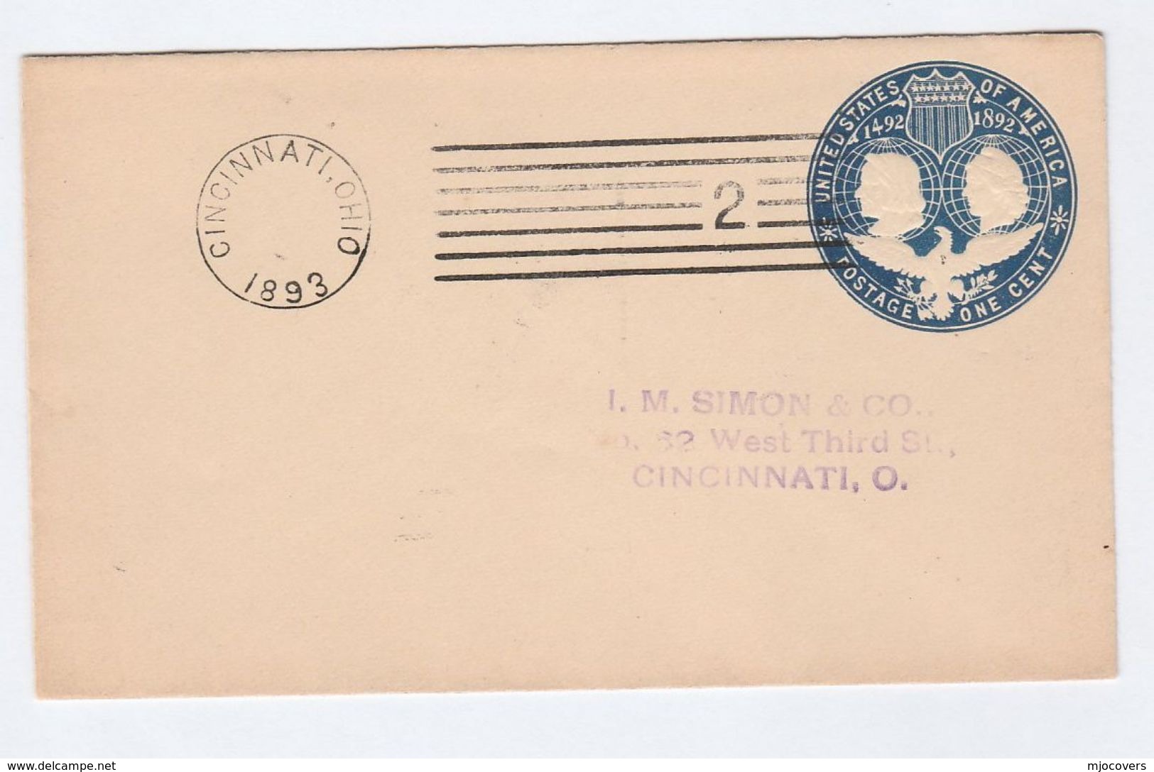 1893 USA Cincinnati CHRISTOPHER COLUMBUS Postal STATIONERY Cover Stamps - ...-1900