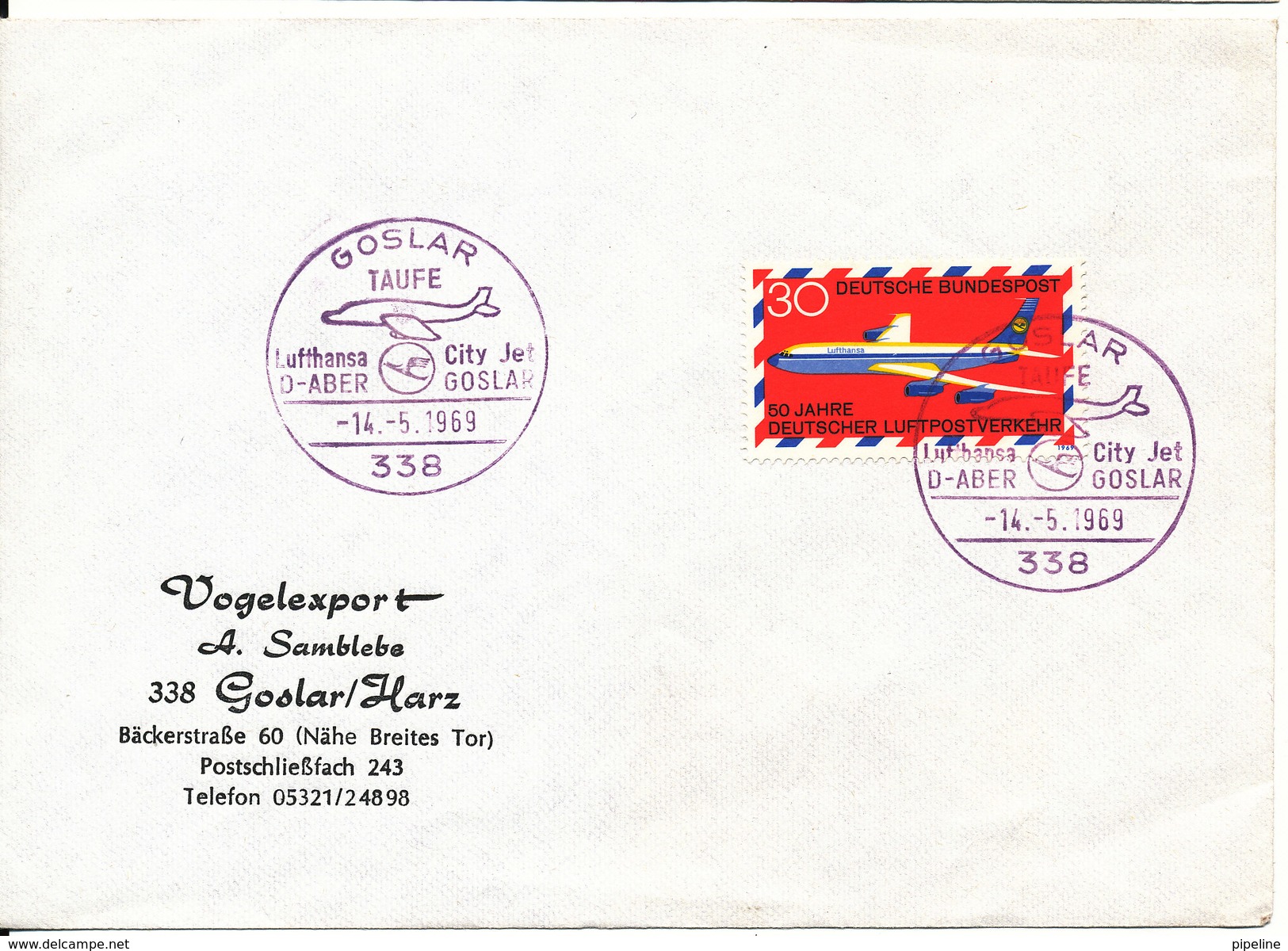 Germany Cover Goslar Taufe Lufthansa City Jet D-Aber - Goslar 14-5-1969 Single Franked - Lettres & Documents