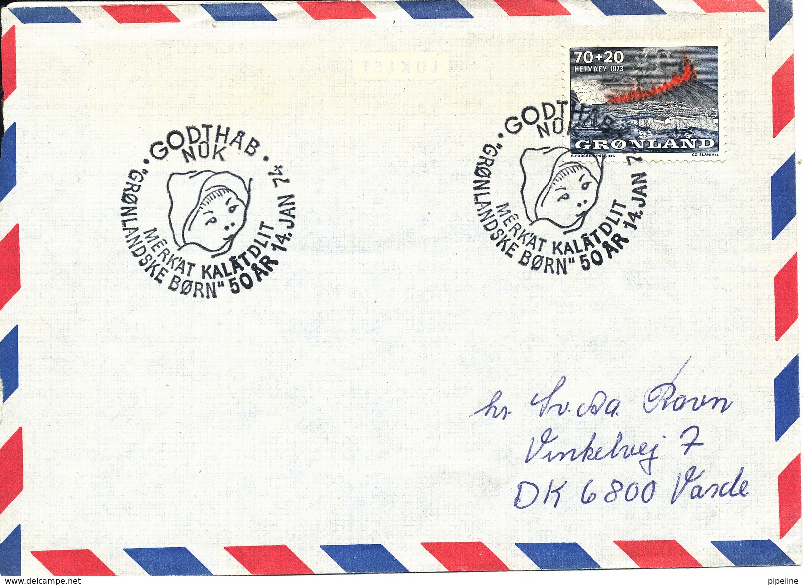 Greenland Air Mail Cover With Special Postmark On Heimaey Stamp Sent To Denmark 14-1-1974 - Covers & Documents