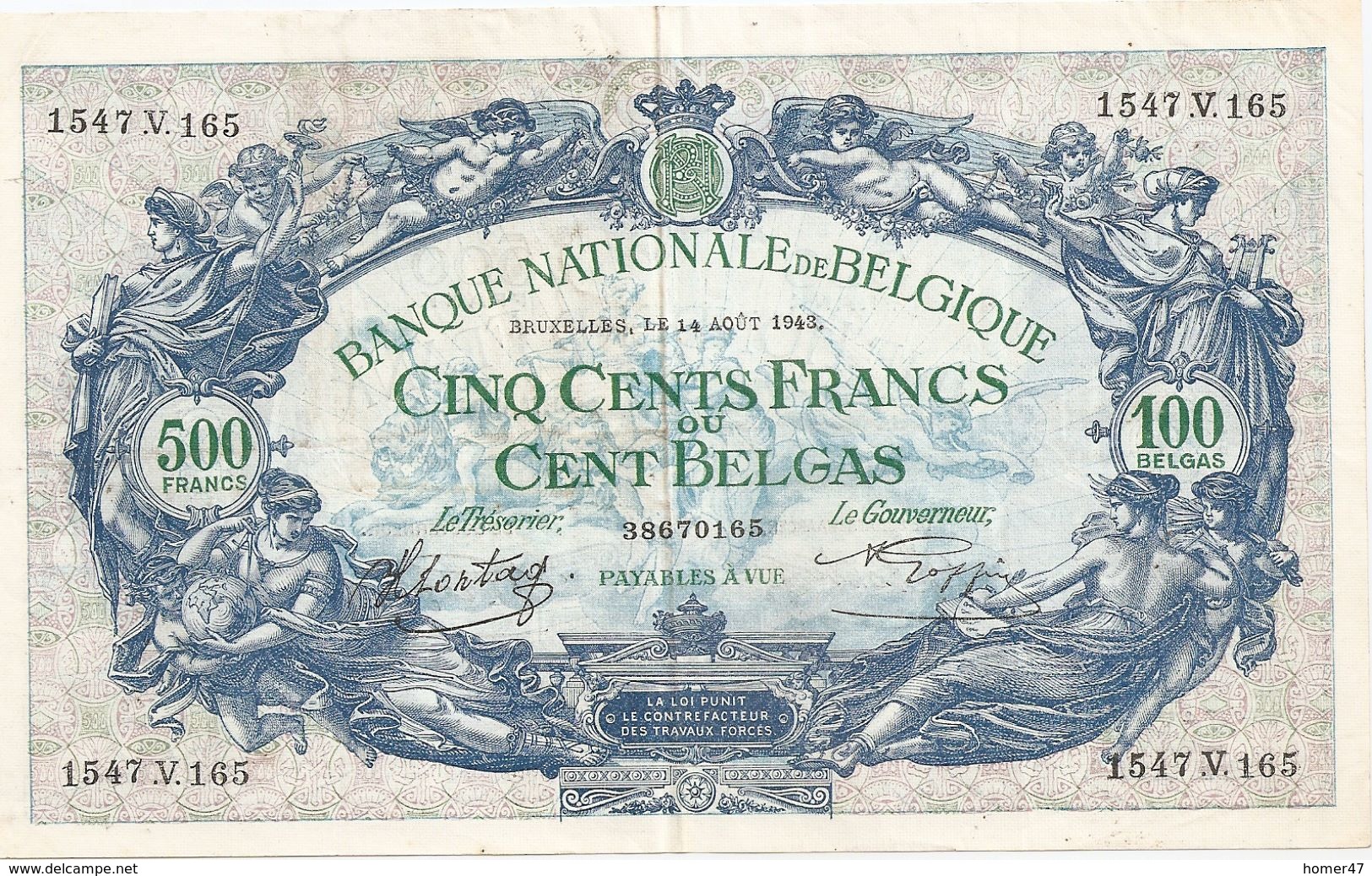 500 Fr - 14.08.43 - 500 Francs-100 Belgas