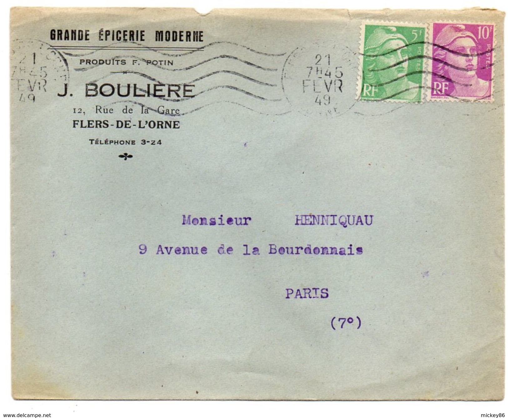 1949--lettre De FLERS DE L'ORNE-61 Pour PARIS-75-type Marianne Gandon-cachet Krag+personnalisée J.BOULIERE - 1921-1960: Modern Period