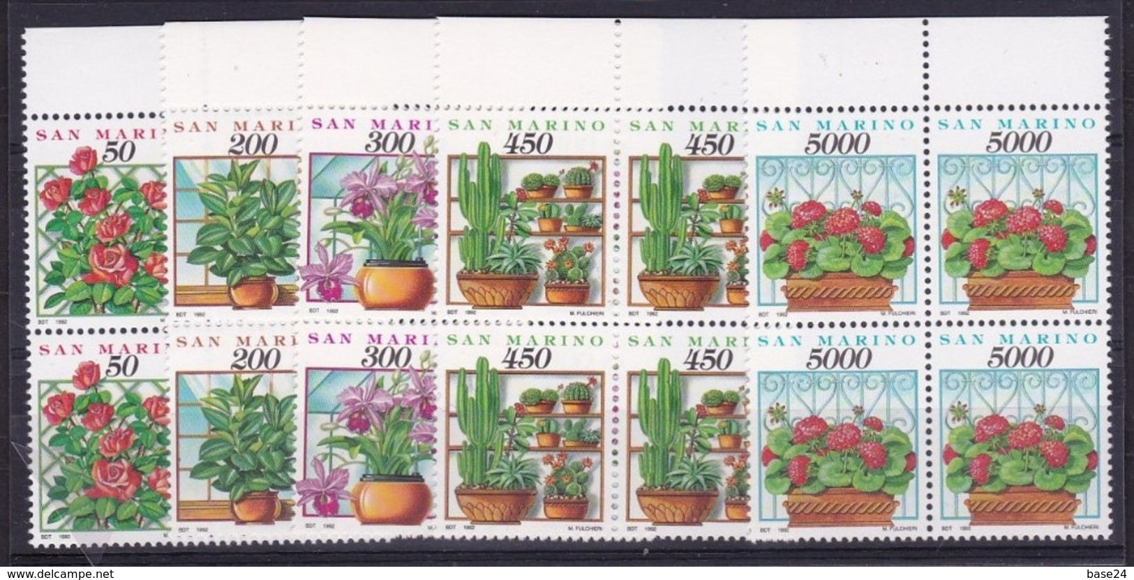 1992 San Marino Saint Marin FIORI E PIANTE FLOWERS PLANTS 4 Serie Di 5v. MNH** Quartina Bl.4 - Altri & Non Classificati