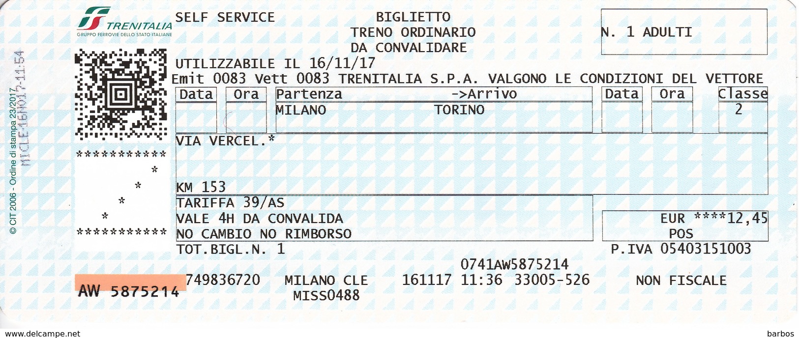 Italy , Milano - Torino , Railway  Ticket  , Trenitalia ,  2017 , Used - Europe