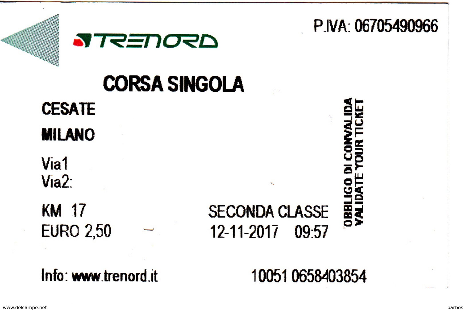 Italy , Cesate - Milano , Railway  Ticket  , 2017 , Used - Europe