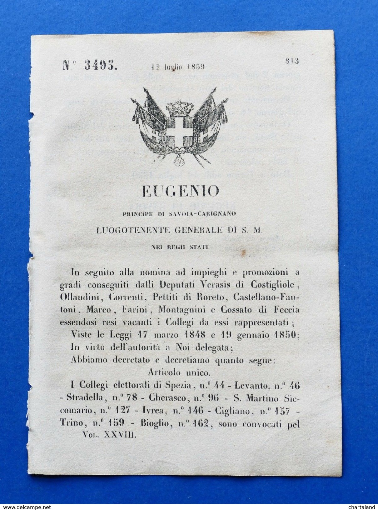 Regno Di Sardegna Regio Decreto Convocazione Vari Collegi Elettorali - 1859 - Non Classificati