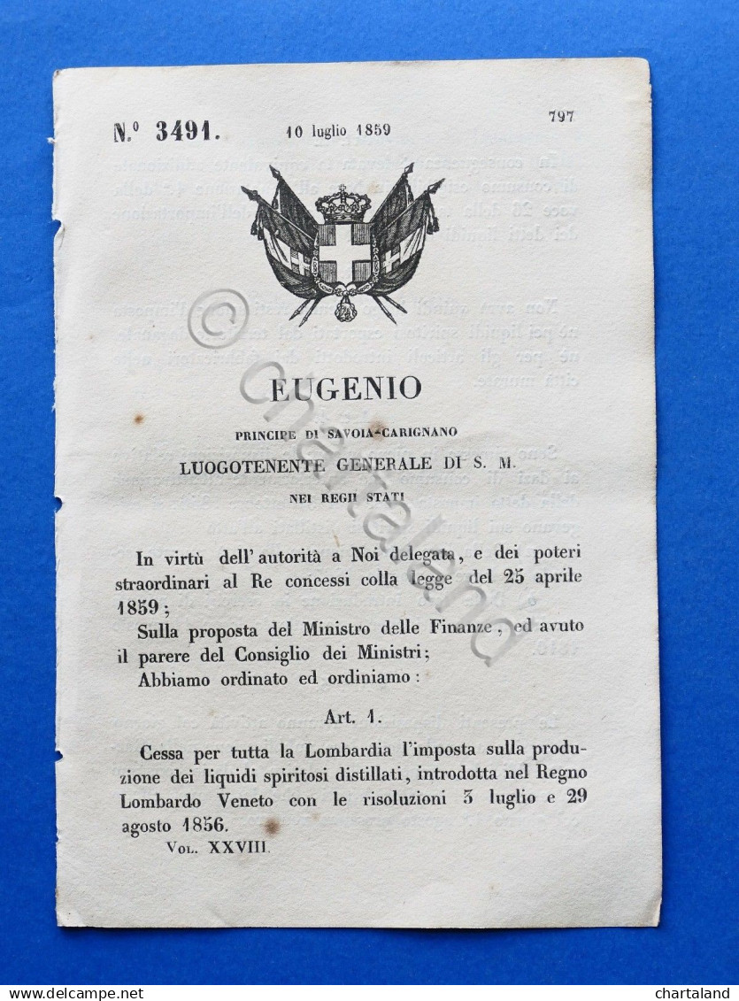 Regno Di Sardegna - Regio Decreto Cessazione Imposta Distillati Lombardia - 1859 - Non Classificati