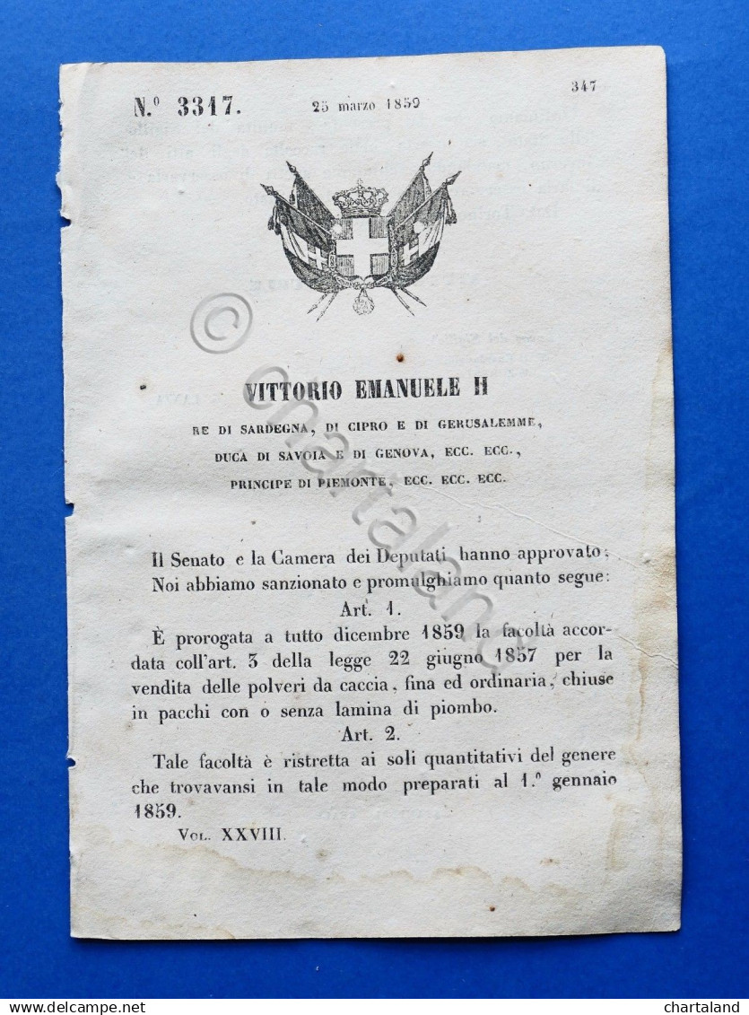 Regno Di Sardegna Regio Decreto Vendita Polveri Da Caccia - 1859 - Non Classificati