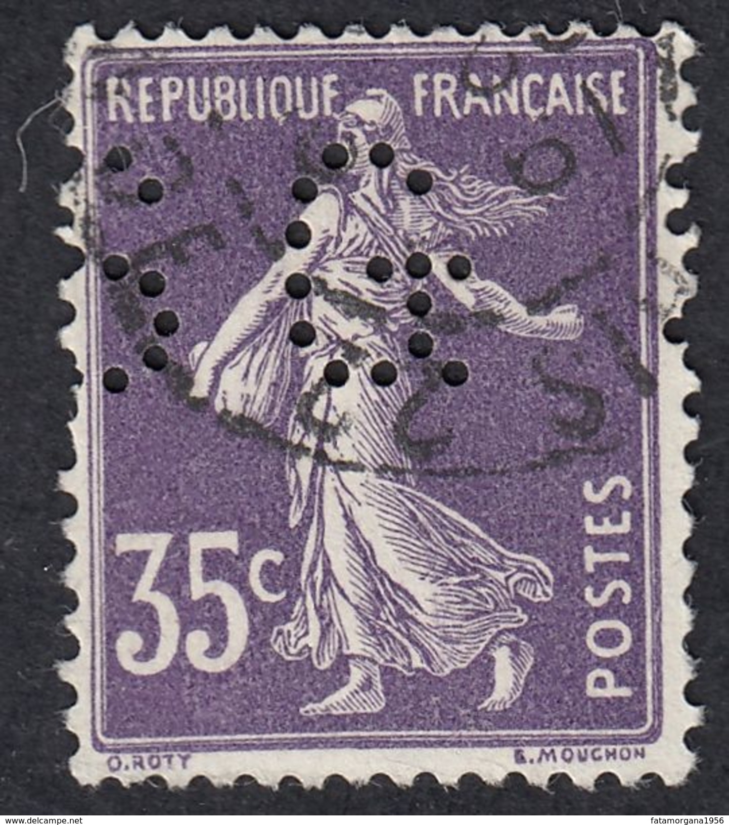 FRANCE Francia Frankreich - 1907 - Yvert 142 Usato, Perfin, Semeuse, 35 Cent. - Autres & Non Classés