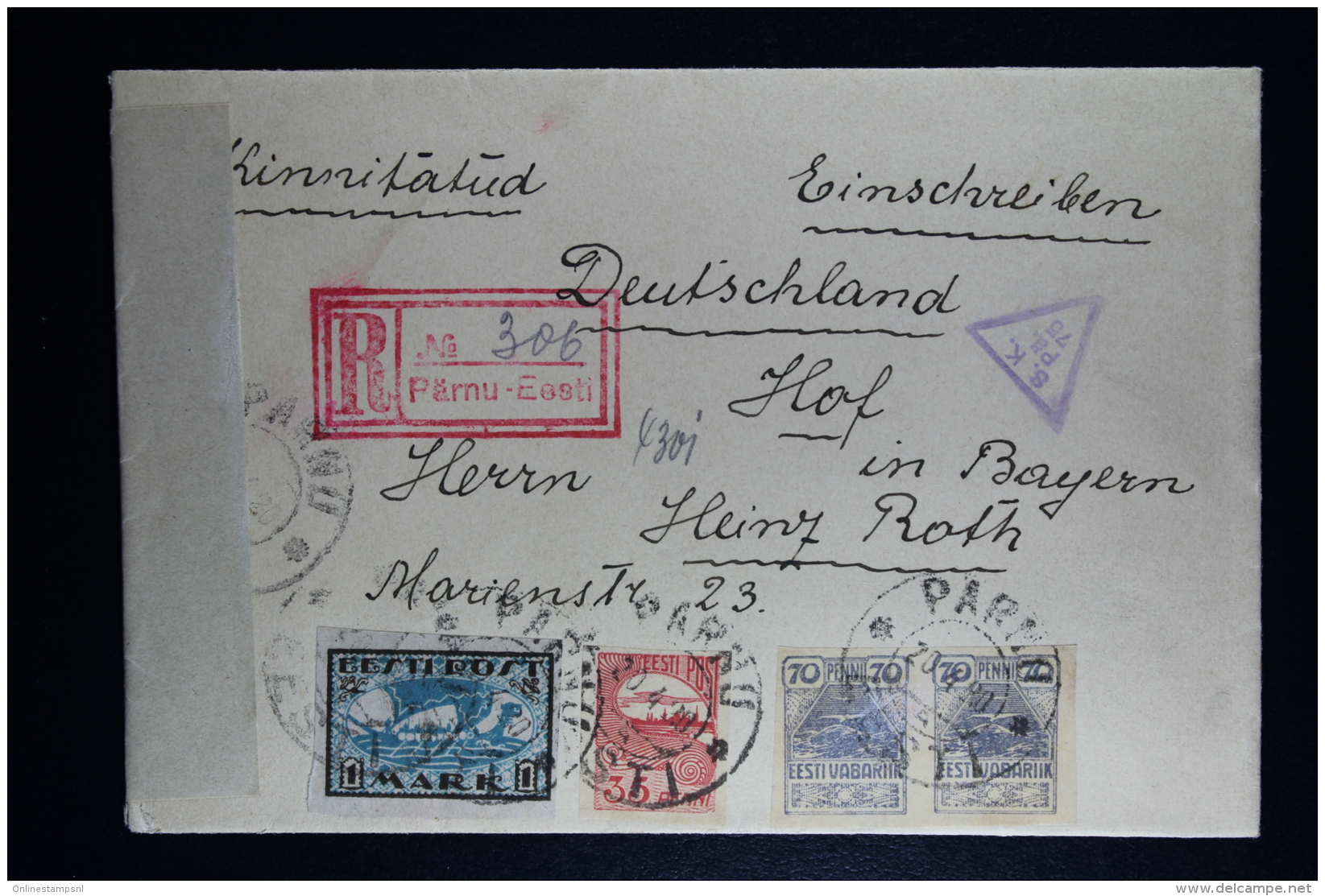 Estland Registered Cover Pärnu To Hof Deutschland Censor Cancels And Strip 1920 Mixed Stamps - Estonia