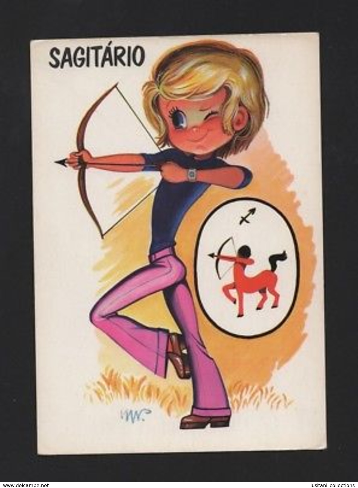 POP ART POSTCARD 1960ys  BOY HUNTING & ZODIAC SIGN SIGNS SAGITTARIUS SAGITARIO - Astronomy