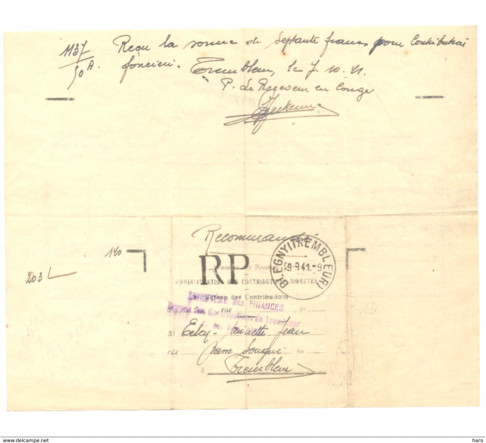 Lettre En Recommandé - Ministère Des Finances - Blegny - Trembleur 1941 - Marcophilie - Seals Of Generality