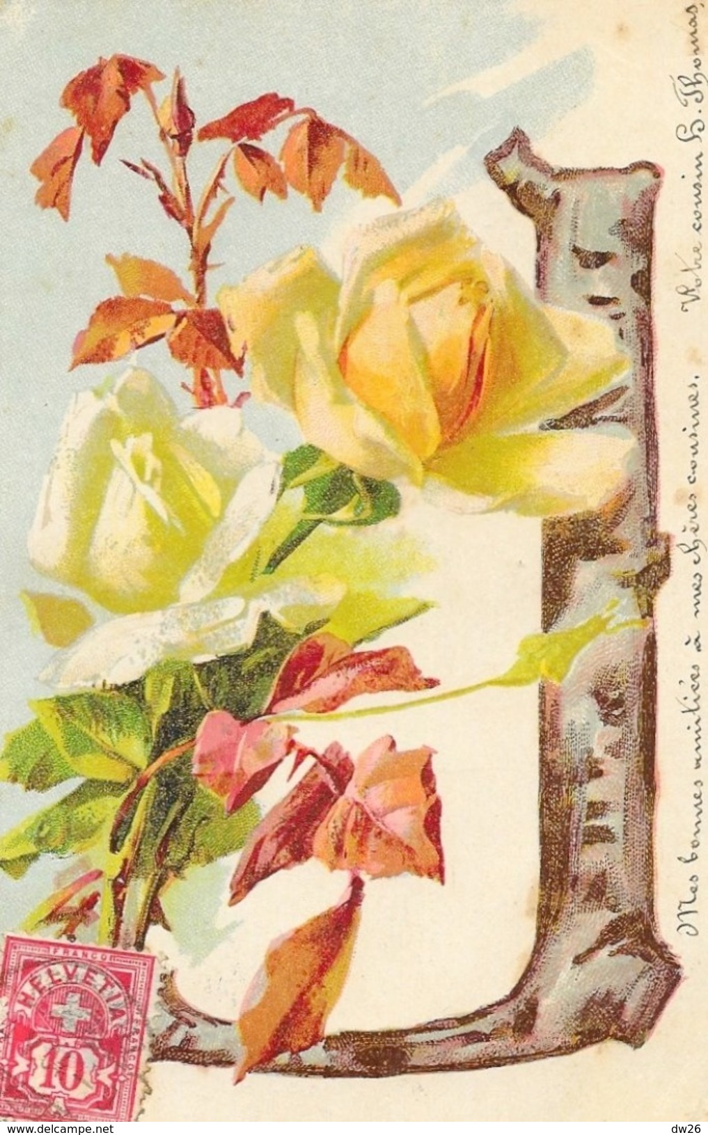 Alphabet Illustré: Lettre J Avec Roses - Carte Suisse Dos Simple - Autres & Non Classés