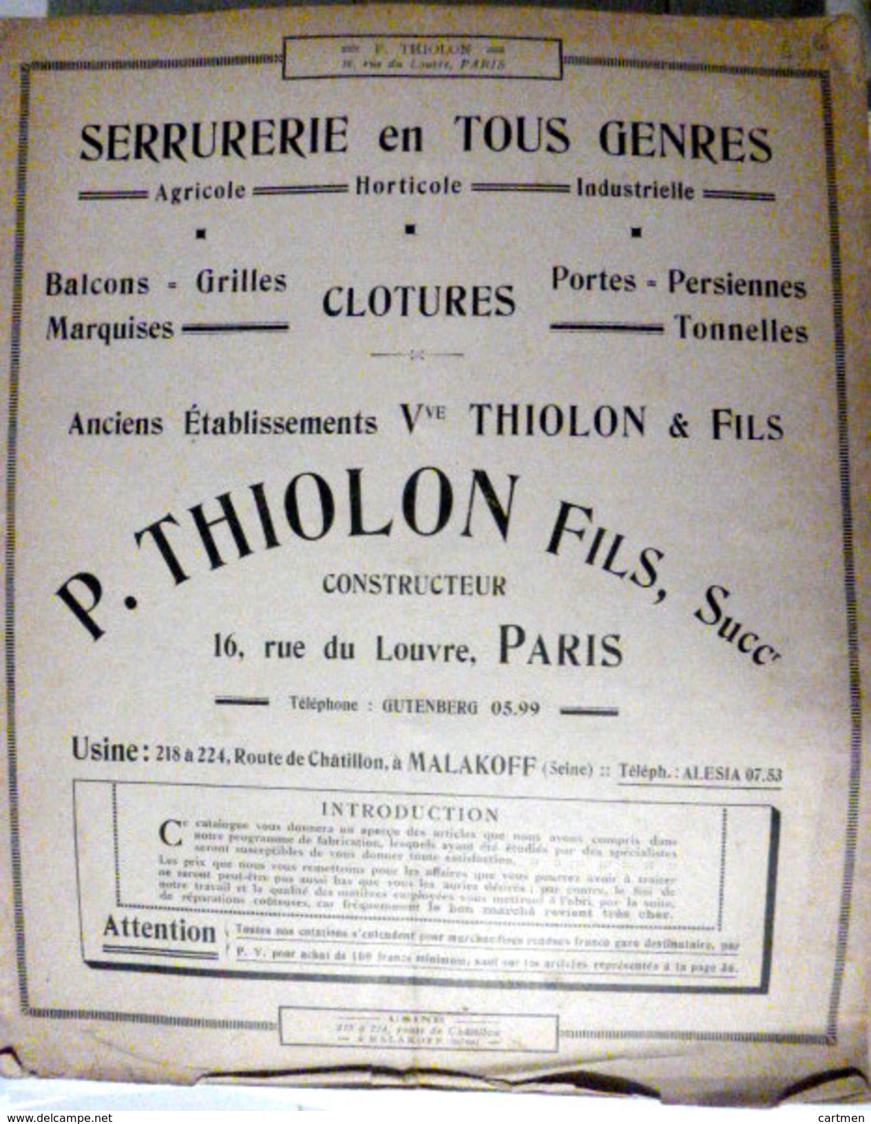 SERRURERIE GRILLAGES CLOTURES TONNELLES MARQUISES PERSIENNES TONNELLES  CATALOGUE THIOLON VERS 1900  36 PAGES - Altri & Non Classificati