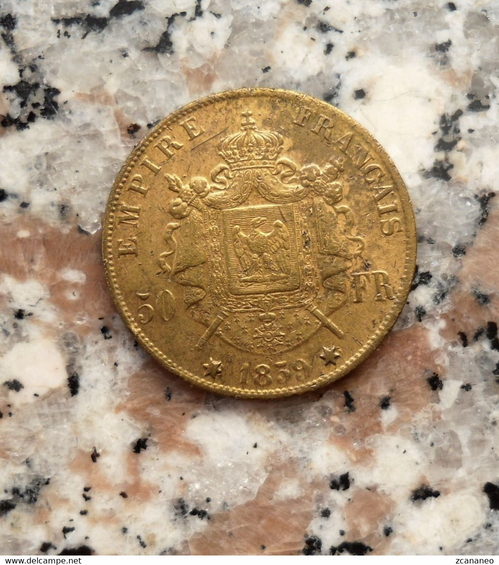 RIPRODUZIONE DI MONETA DA 50 FRANCHI FRANCESI D'ORO DEL 1859 DI NAPOLEONE III° - MONETA FALSA - - Fausses Monnaies