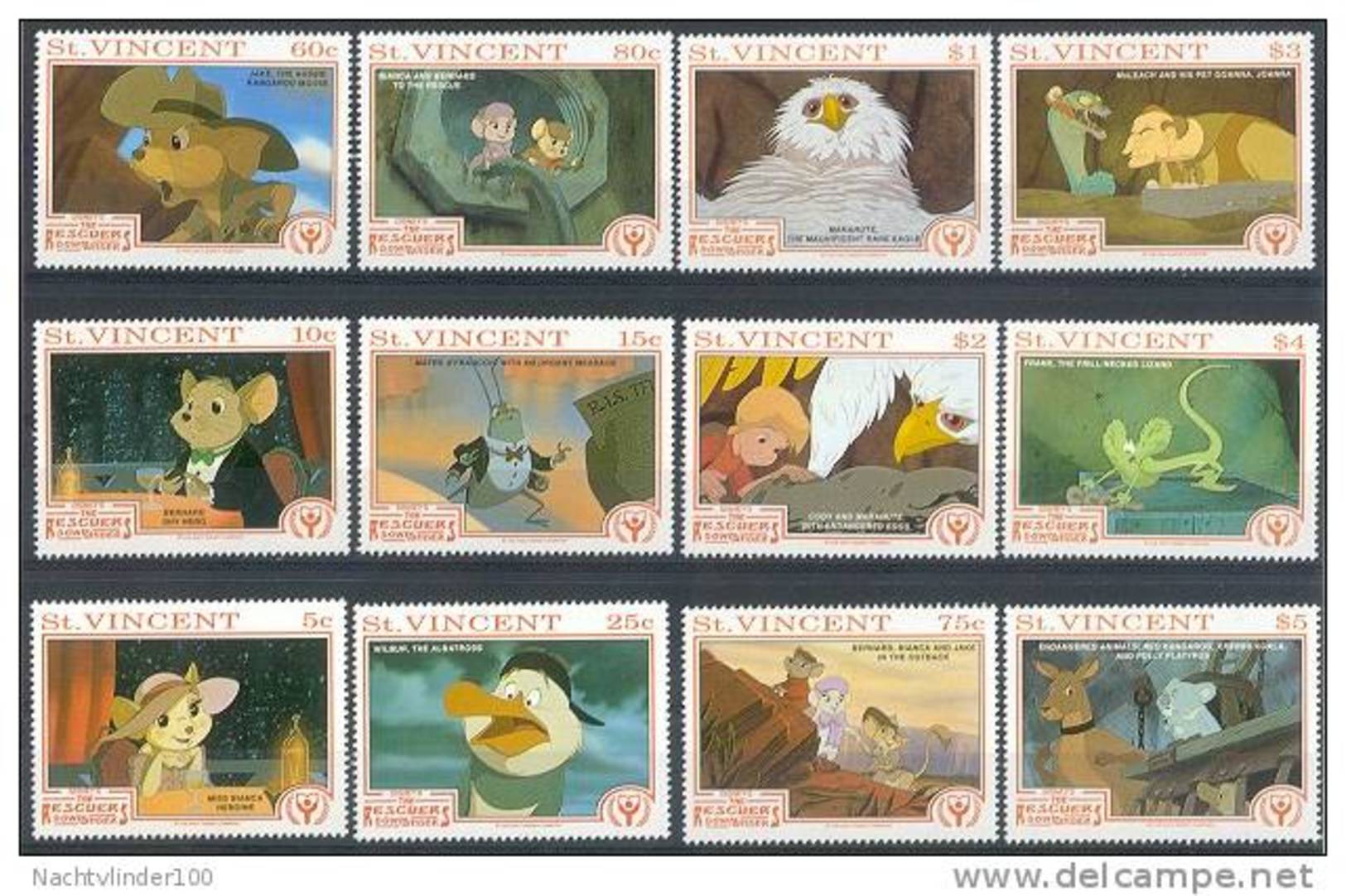 Myu066 WALT DISNEY DE REDDERTJES THE RESCUERS MUIS VOGEL MICE BIRD CRICKET KANGOEROE KOALA ST. VINCENT 1991 PF/MNH - Disney