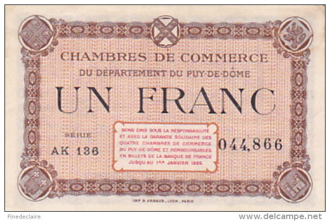 Billet Chambre De Commerce Du Puy De Dôme - Un Franc - Série AK 136 - 1er Janvier 1926 - Sans Filigrane - Chambre De Commerce