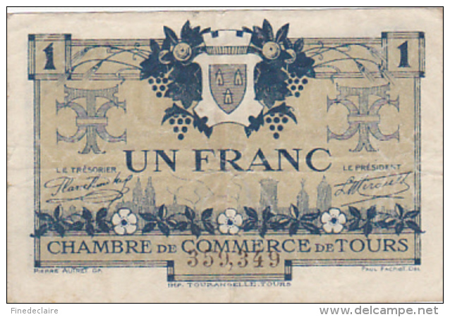 Billet Chambre De Commerce De Tours - Un Franc - 2° émission - 8 Mai 1920 - Filigrane Abeilles - Chambre De Commerce