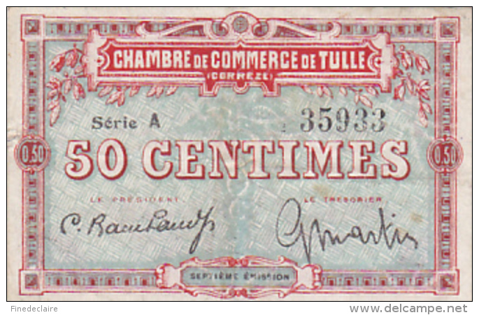 Chambre De Commerce De Tulle - 50 Cetimes - Série A - Septième émission - Rem. 31 Décembre 1923 - Filigrane Abeille - Chambre De Commerce