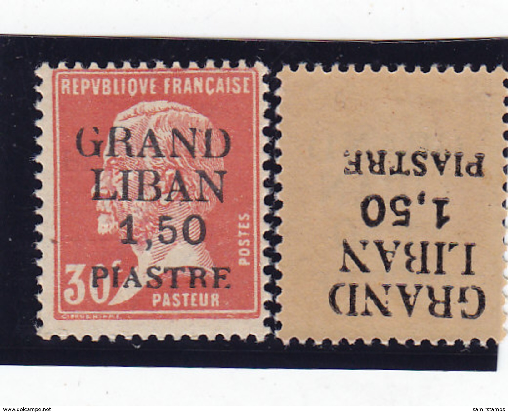 Lebanon-Liban Pasteur 1,50 -1924 RECTO/VERSO Overprinting  Scan  MNH Superb -red. Price - SKRILL PAY. - Lebanon