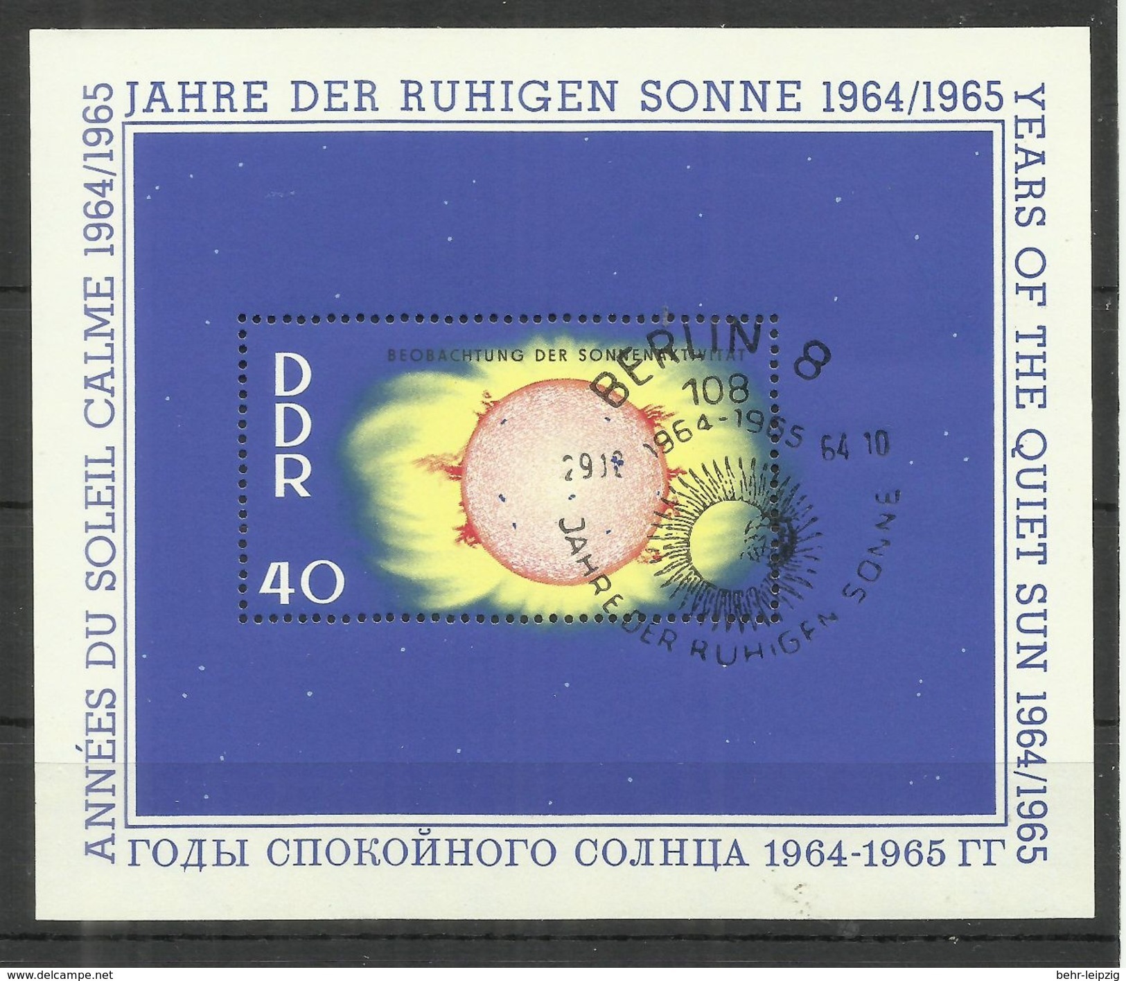 DDR Bl. 21 "Block Zu Jahre Der Ruhigen Sonne 1964/1965" Sonderstempel" Mi 4,50 - Autres & Non Classés