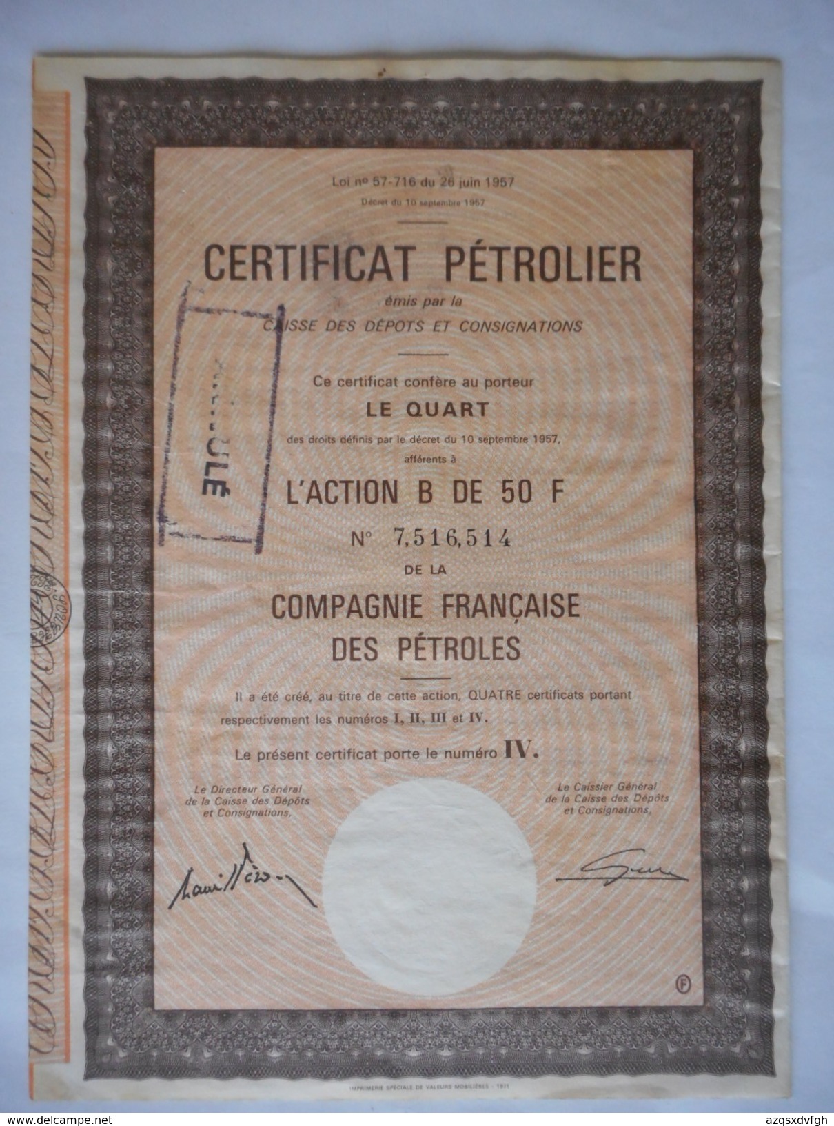 Certificat Petrolier FRANCAISE Des PETROLES TOTAL - Pétrole