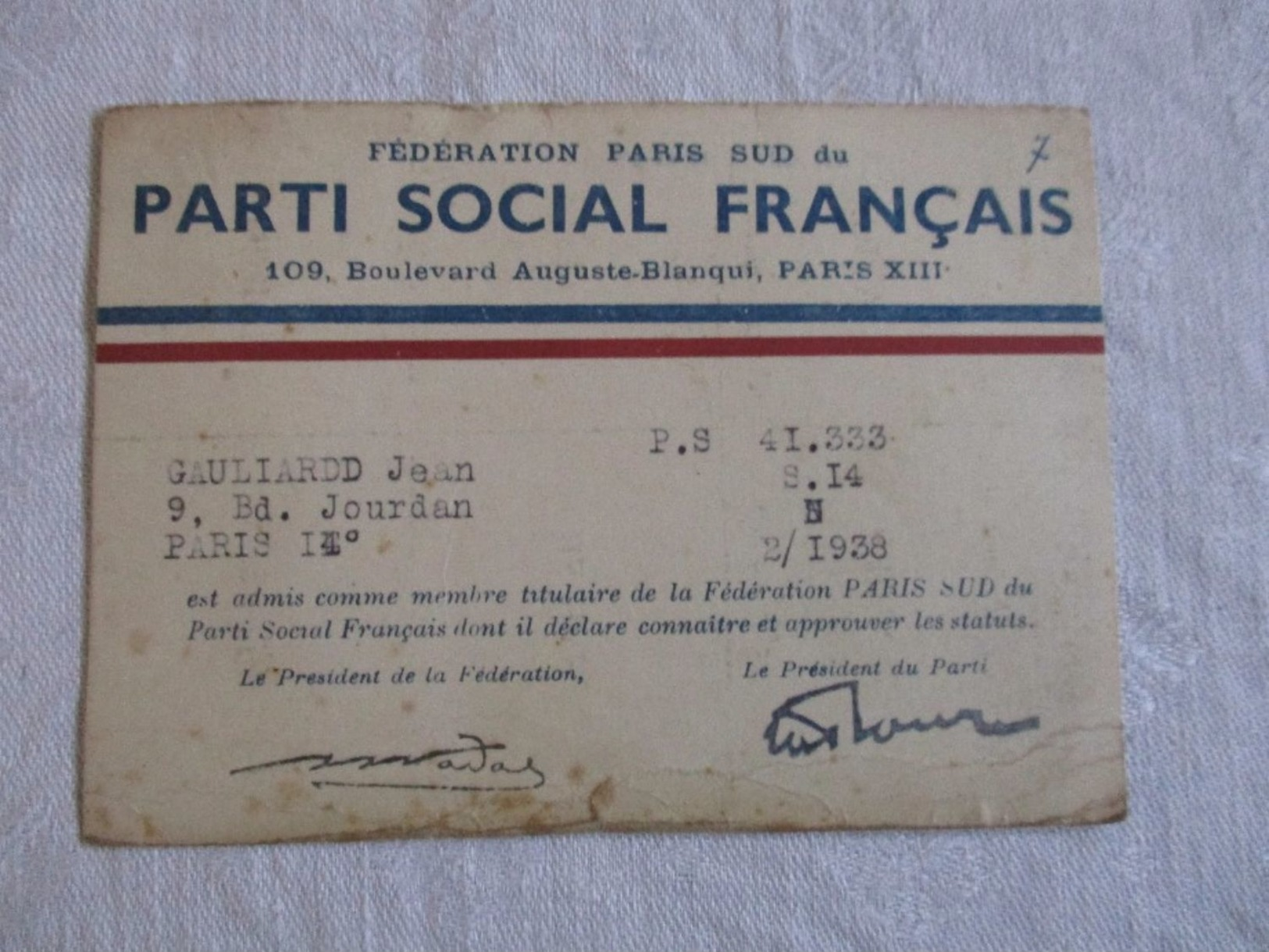 CARTE ADHERENT PARTI SOCIAL FRANCAIS-1938 - Documents Historiques