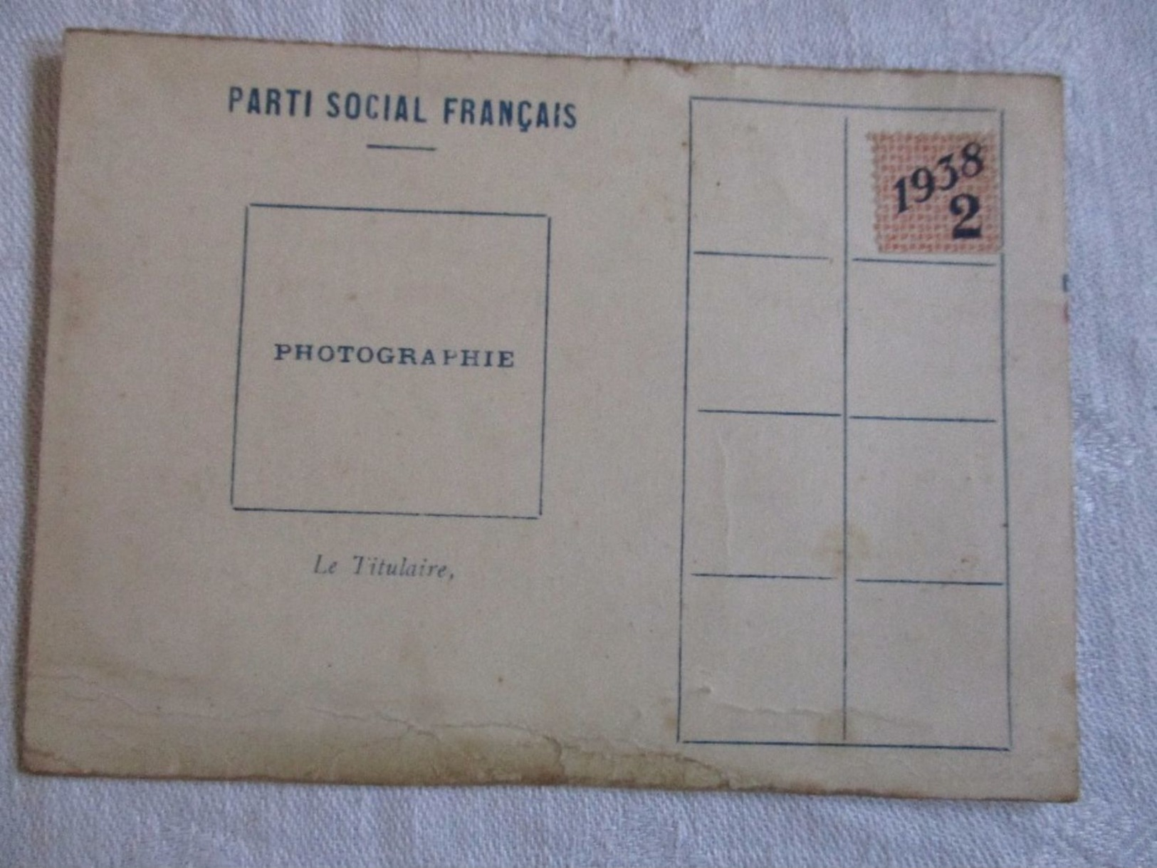 CARTE ADHERENT PARTI SOCIAL FRANCAIS-1938 - Documents Historiques