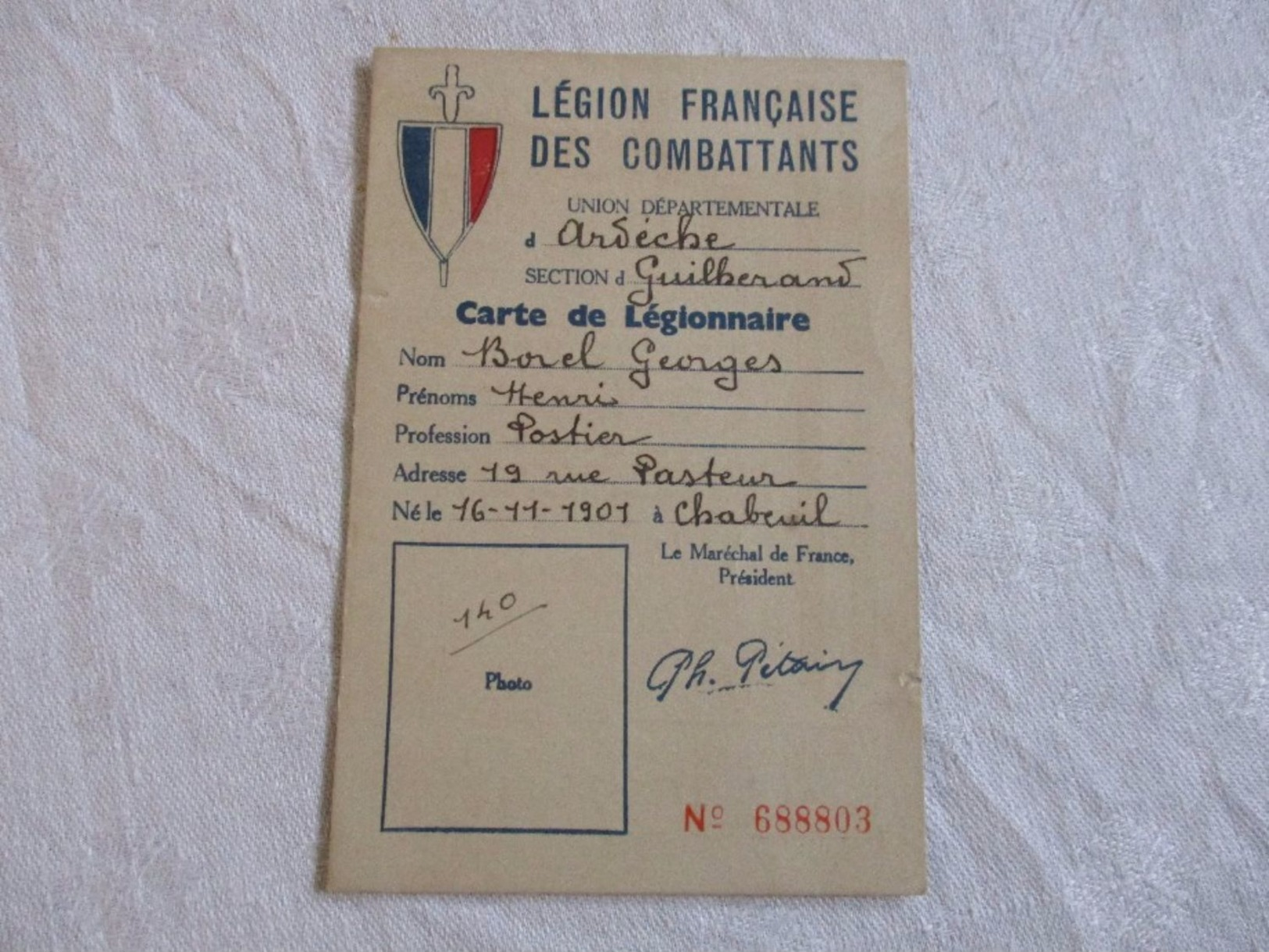 CARTE MEMBRE LEGION FRANCAISE DES COMBATTANTS - 1941 - Documents