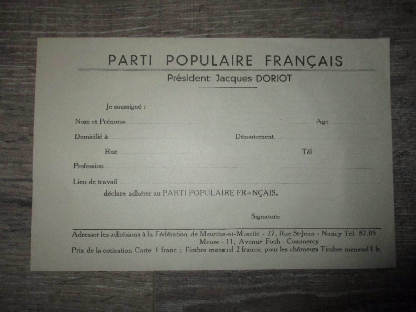 ADHESION PARTI POPULAIRE FRANCAIS - JACQUES DORIOT - Documents Historiques