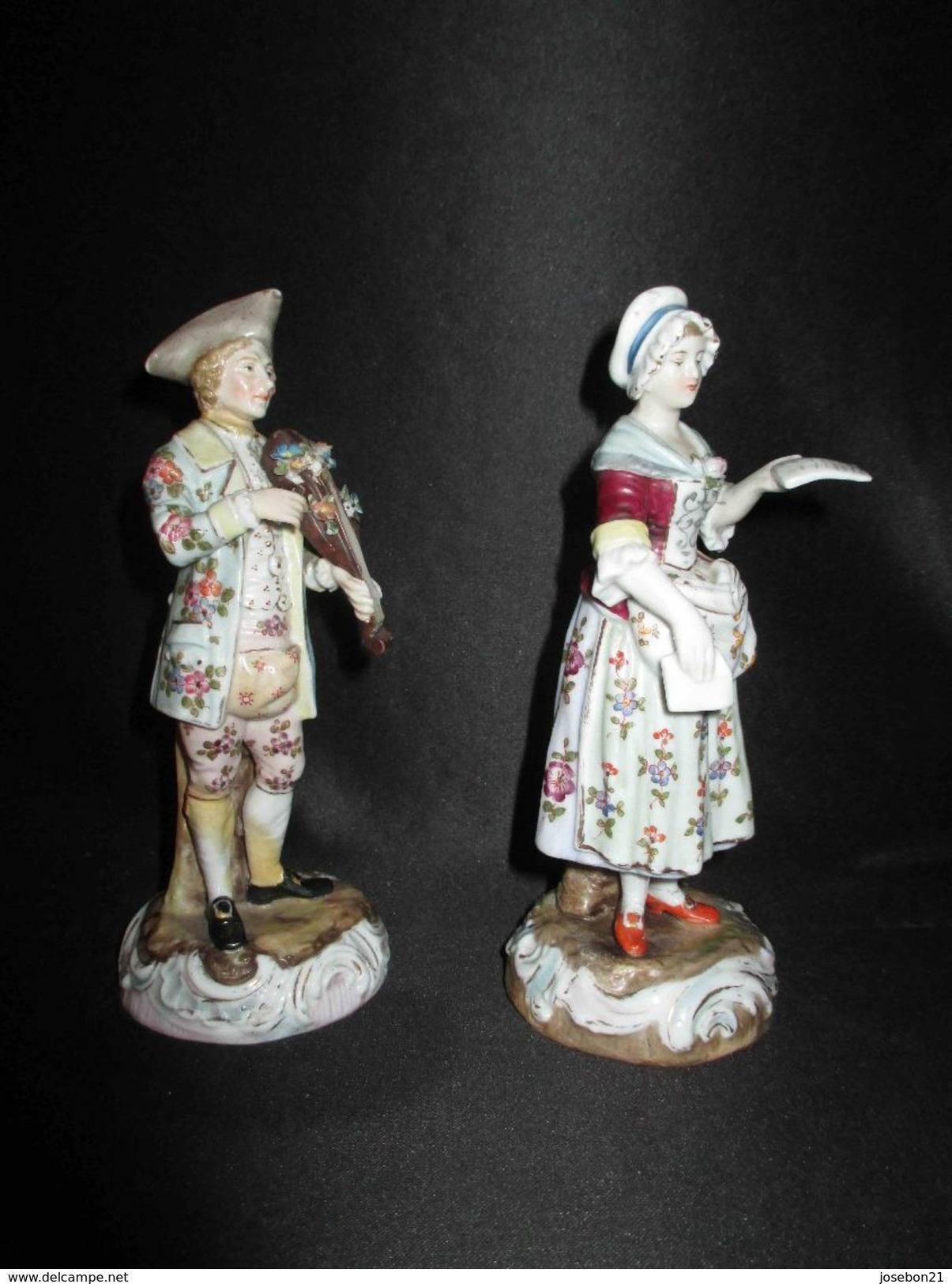 Ancien Couple Musicien Violoniste Chanteuse Porcelaine Peinte Allemagne XIX ème - Other & Unclassified