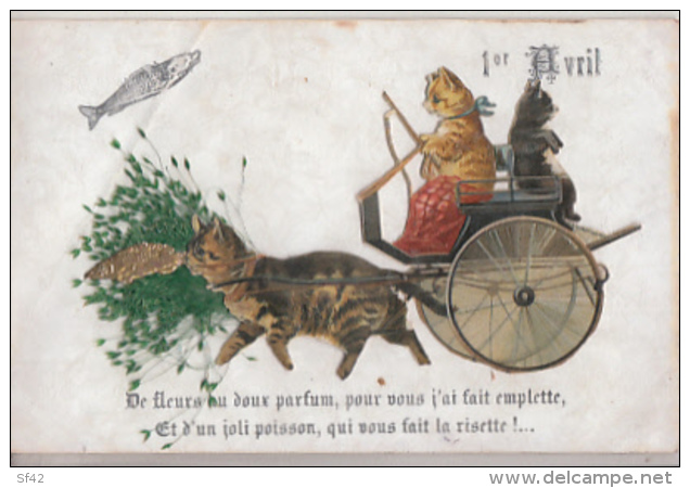 CHROMO  ATTELAGE DE CHATS SUR CARTE          THEME 1 ER AVRIL - Chats